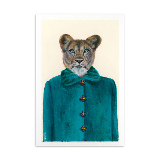 4x6 inch Lioness in a Floral Teal Dress - Animal Postcard Print