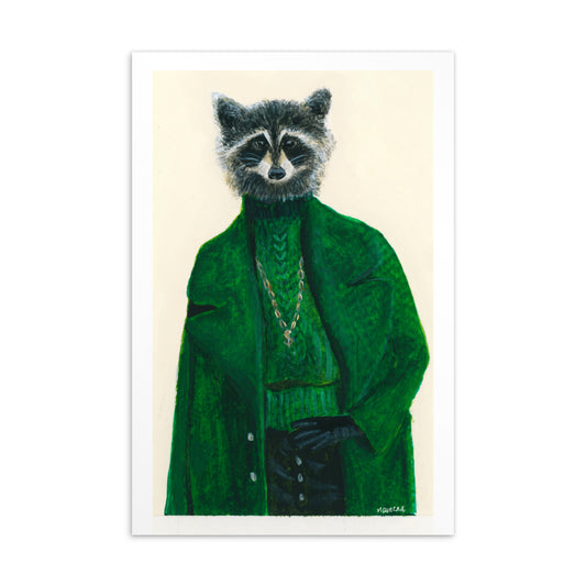 4x6 inch Raccoon in a Green Jacket - Animal Postcard Print